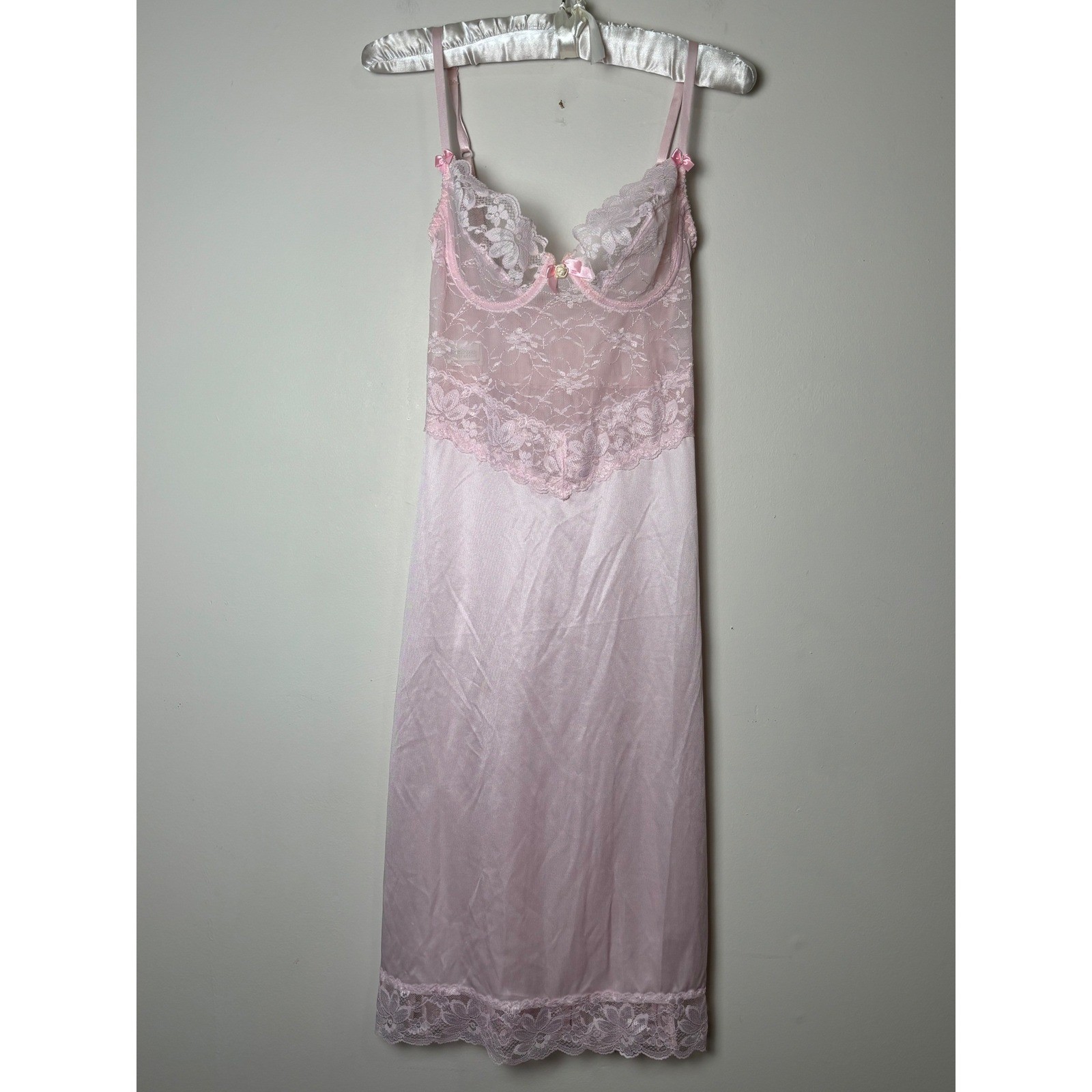 Dolores for Poirettes Vintage Coquette Slip Dress 32 Small Pink Lace Underwire