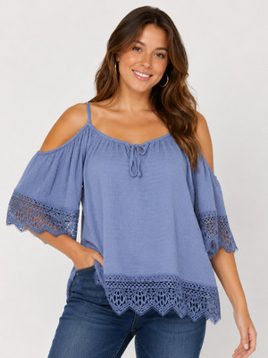NWT BCX Junior Vintage Blue Cold-Shoulder Crochet Sleeve & Hem Blouse Top Size L