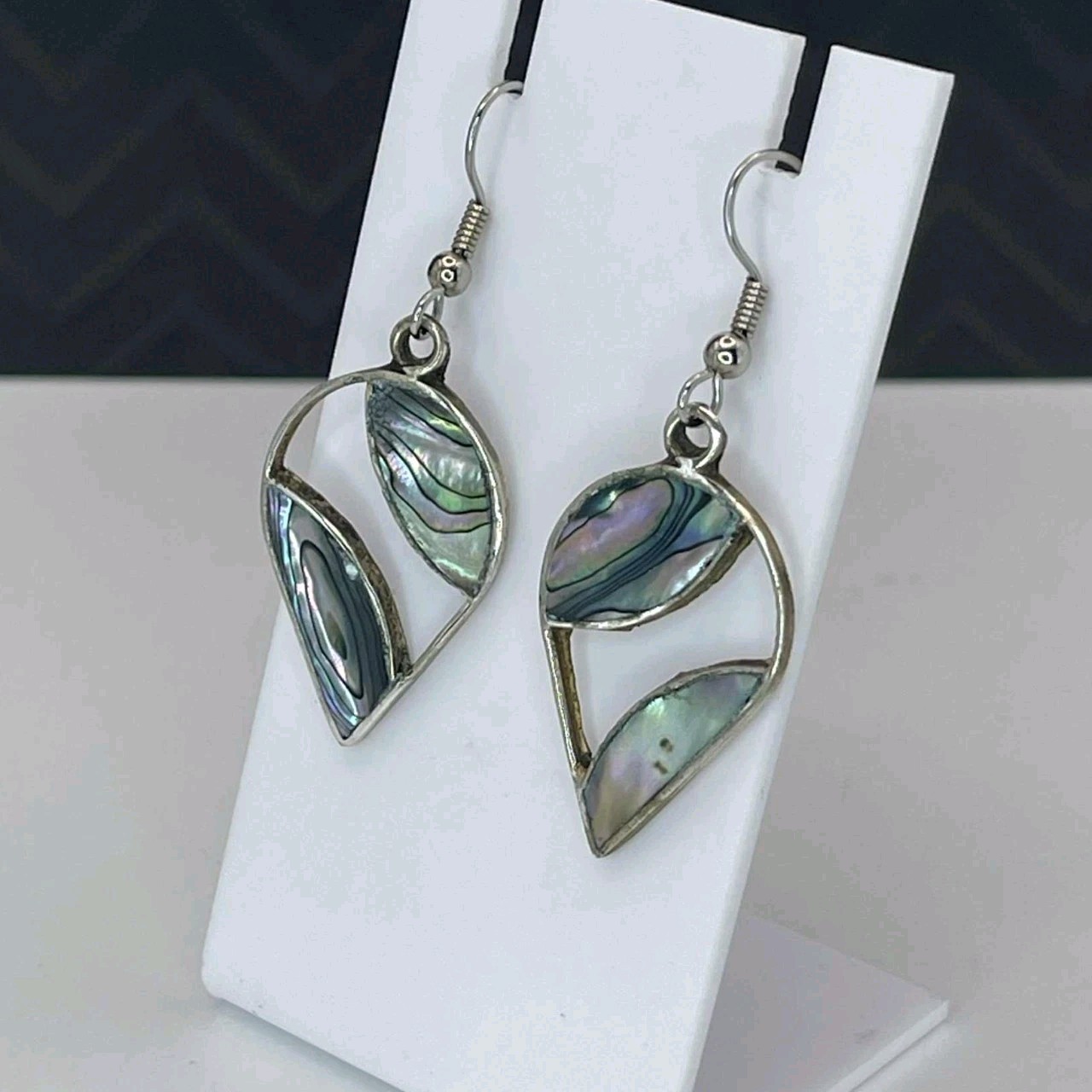 Alpaca Silver Abalone Shell Leaf Dangle Earrings … - image 4