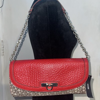 NWT**:DKNY Red Pebbled Leather & Logo Canvas Shoulder Bag with Chain Strap Purse