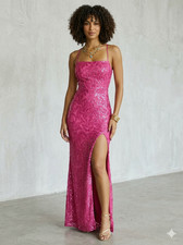 Windsor Pink Sequin Mesh Lace-Up Back Formal Maxi Gown Dress M NWT