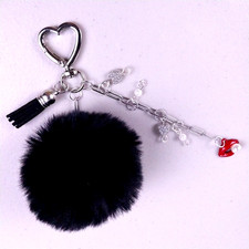 Purse Charm, Bag Charm, Bag Clip, Black Pom Pom, Charms, Heart Clip