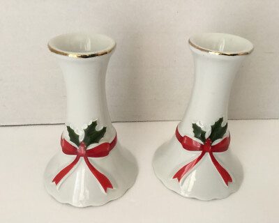 Vintage 1986 Mount Clemens Pottery Ribbon And Holly Candle Holder Set Christmas