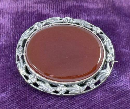 Vintage European Sterling Oval Bezel Set Cabochon Filigree Carnelian Brooch S&CE - Picture 3 of 10