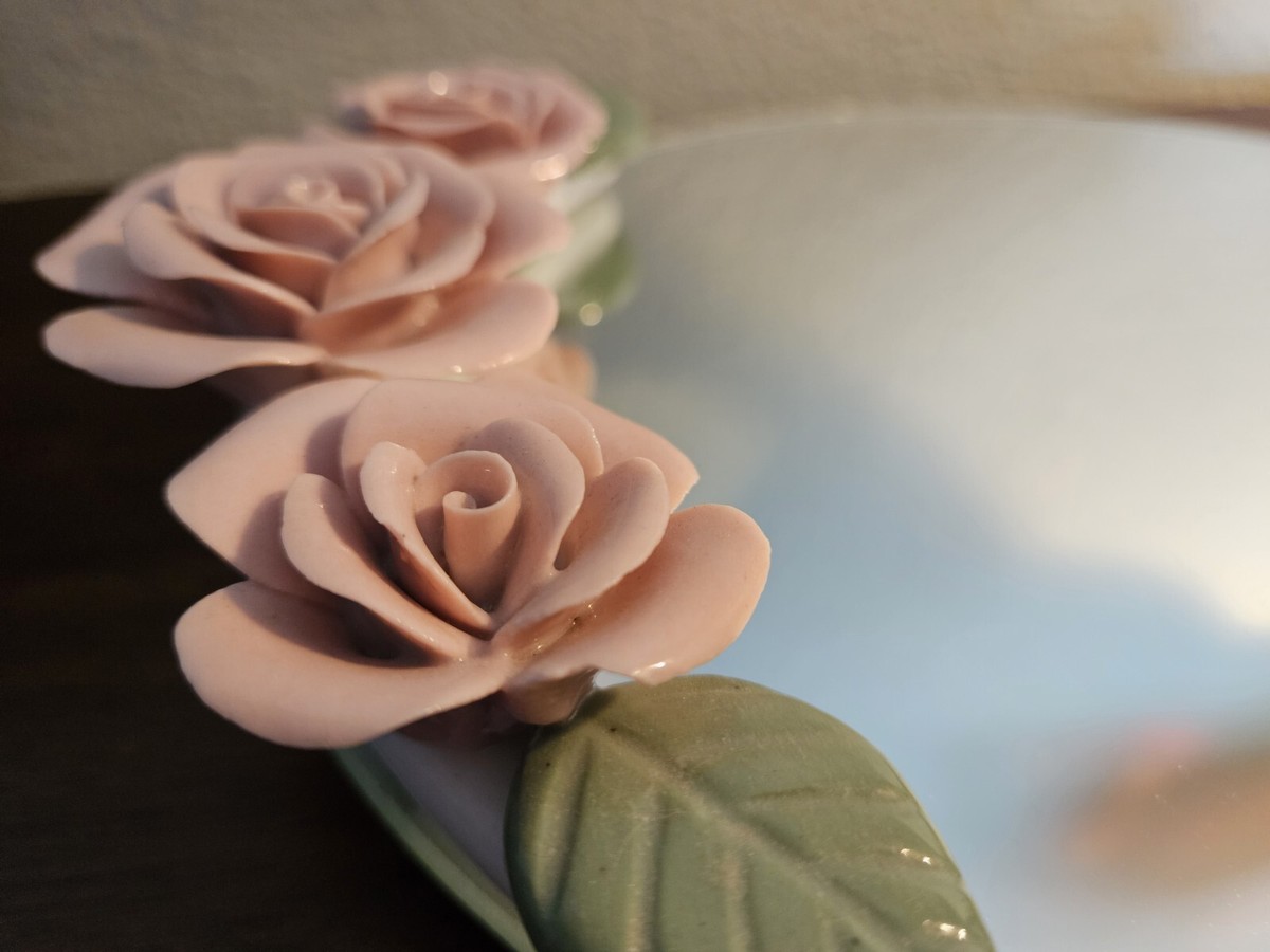 VTG Vanity Mirror 3D Ceramic Roses w/Leaves. Chic Art Deco