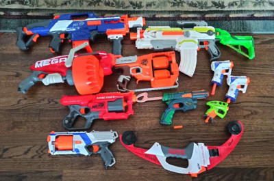 NERF Toy Gun Lot Of 11 Weapons (Mega, Elite,  Flip Fury, Lightning Bow & More)