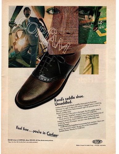 1968 Rand Corfam Brown & Black Saddle Shoes Du Pont $23.00 Print Ad