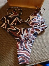 I Saw It First Marble Print 3 Piece Bikini Mesh Skirt Set Brown Size Small Nwt