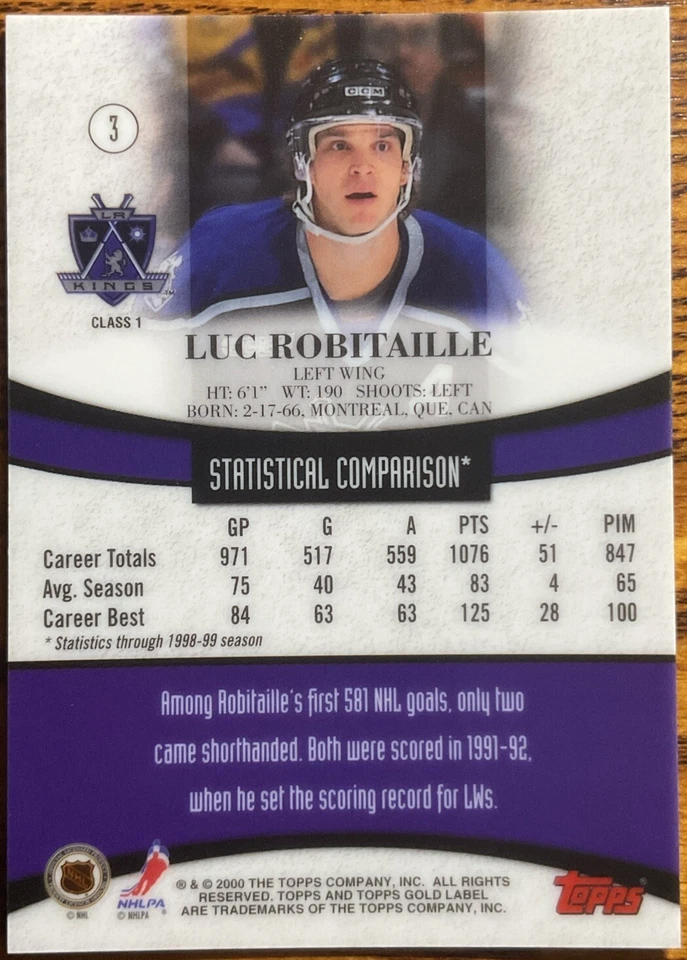 1999-00 Topps Gold Label Class 1 Luc Robitaille #3 Los Angeles Kings - Image 2 of 2