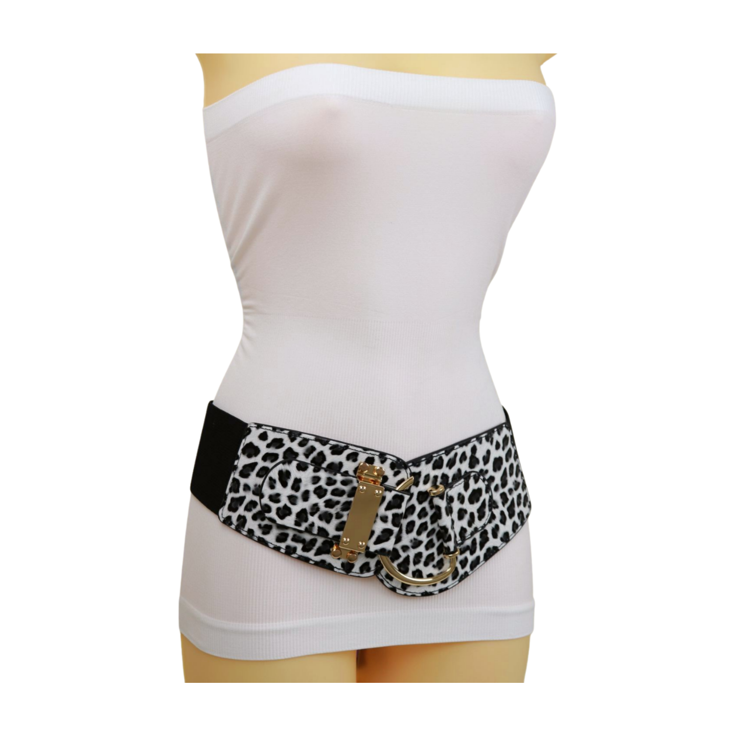 Women Leopard Animal Print Black Elastic Band Fashion Belt Gold Hook ...