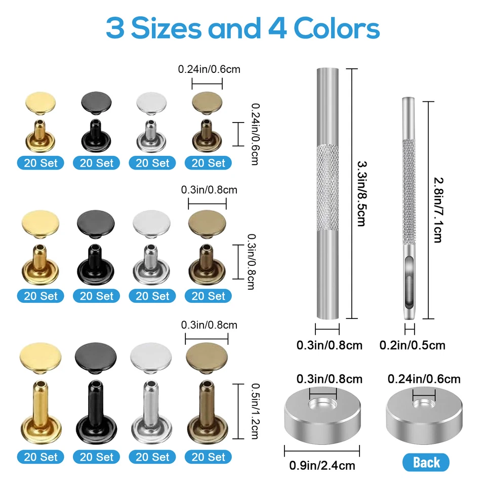 240 Set Leather Rivet Kit Double Cap Metal Studs for DIY Craft Hardware Supplies - Image 2 of 4