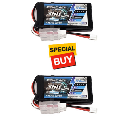NHX Muscle Pack 2S 7.4V 360mAh 30C Lipo Battery w/ PH2 (2) : Axial SCX24