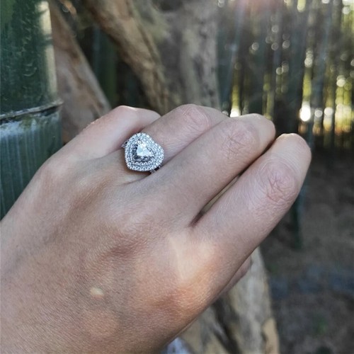 Double Halo Double Band Sterling Silver Heart Cut Moissanite Engagement Ring - Bild 5 von 7