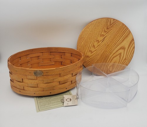 Peterboro Basket Rare Lid Oak Lazy Susan Round Woven 4 liners Storage Spins