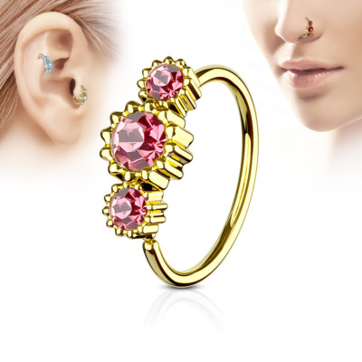 Gold IP 3 CZ Ear Cartilage Helix Tragus Rook Snug Nose Ring Piercing 20G