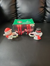 Vintage Christmas Snowman Candlestick Holders Taiwan w Box Candle Climbers Huggy