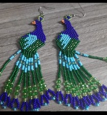 Peacock Tribal Earrings Native Large Boho American Seed Beads Handmade Earring