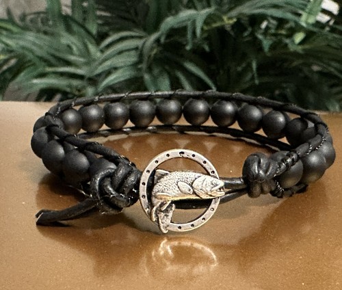 Men's Gift black Onyx Sports Surf Black Leather Bracelet w/ trout fish button - Picture 9 of 16