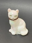 Signed Fenton Iridescent White Cat Glass Figurine w RED Rhinestone Collar