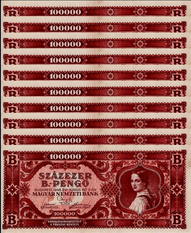 10 x HUNGARY 100,000,000,000,000 P-133 1946 *B PENGO Hungarian World Currency #1