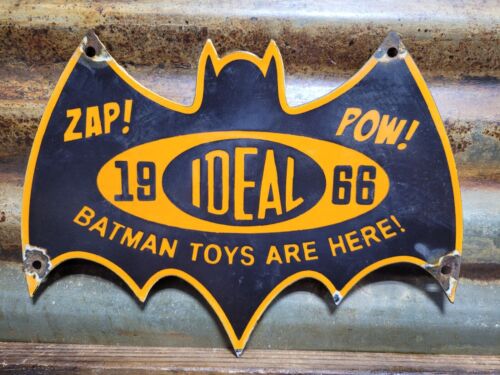 VINTAGE 1966 IDEAL PORCELAIN SIGN OLD 12" BAT SHAPED CARTOON CHILDS TOY HERO POW