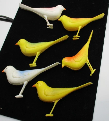 Lot 6 Vintage Hard Plastic Bird Christmas Ornaments Saw Legs 4" Mixed Colors NR