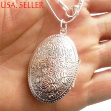 925 Sterling Silver Large Oval Shape Photo Locket Pendant + Necklace Chain Set