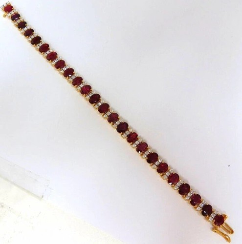 7.65 Ct Oval Simulated Red Ruby Women's Tennis Bracelet 14K Yellow Gold Plated - Picture 4 of 8