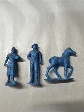 Vintage Blue Rubber Auburn Farmer, Woman, Horse Figure 3 Inch Made U.S.A. LOT