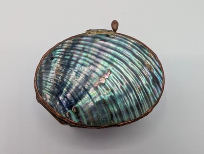 Vtg Handcrafted Hinged Blue Stained Glass & Abalone Keepsake Box