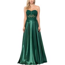Blondie Nites Junior's Formal Dress Size 5 Green Beaded Satin Lace Backless Gown