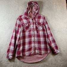 Boston Traders Women  s Plaid Flannel Hooded Button-Up Shirt Red Blue Size L