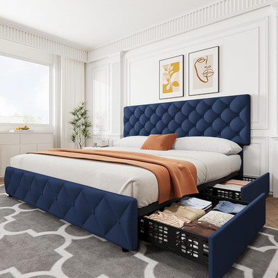 Blue King Size Bed Frame with 4 Storage Drawers and Upholstered Headboard