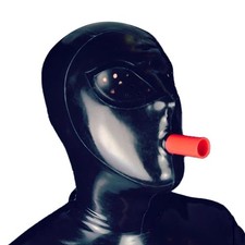 Black Latex Hood with Mouth Tube Mesh Eyes Rubber Mask for Fetish Clubwear 0.4mm