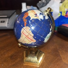GLOBE Blue Lapis Semi Precious Inlaid Gemstones & Brass Stand Desktop 5.5 Inch.