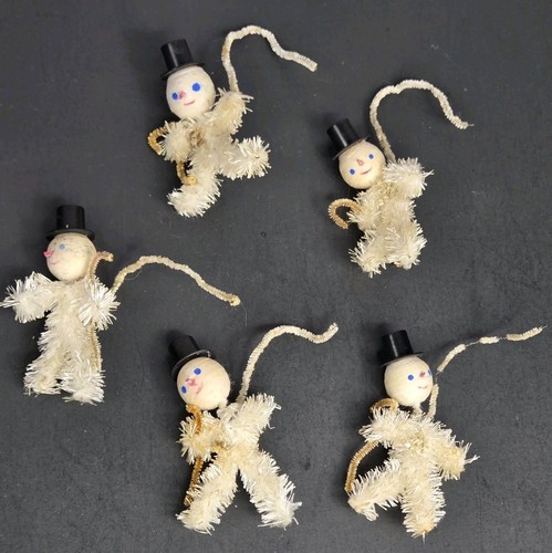 Vtg Lot 5 Handmade Spun Cotton PipeCleaner SNOWMAN Top Hat Cane Feather Tree