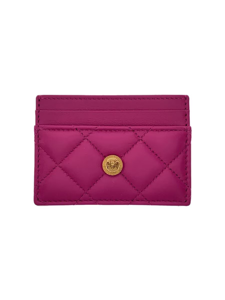 VERSACE Medusa Card Case Leather RED Plain Women's
