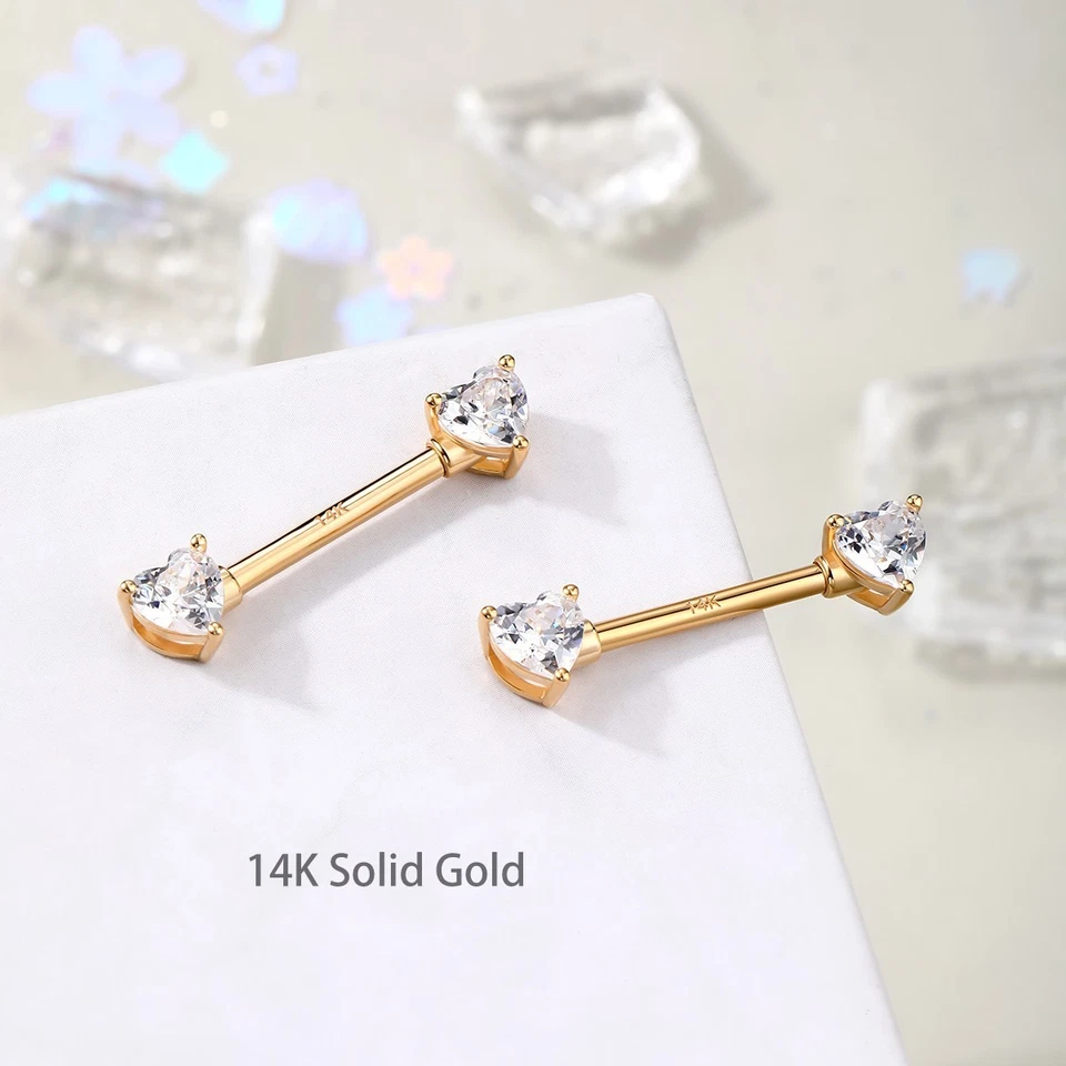 2 PIEZAS 14K Oro Sólido Forma de Corazón Anillo para Pezón 14G Barra Recta Piercing para Pezón Foto 4 de 4