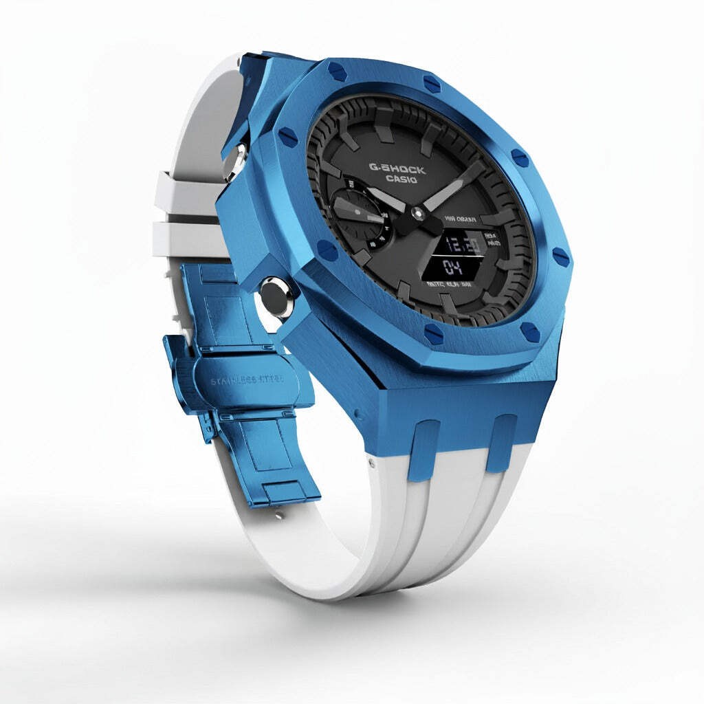 Casioak Custom Modded Metal Watch GA-2100 Mod Blue Case White