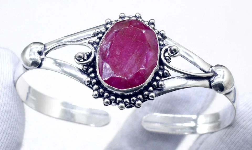 925 Sterling Silver Pink Ruby Gemstone Handmade Jewelry Cuff Bracelet Size-ADJ - Image 2 of 4