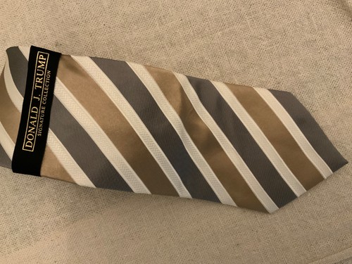 New Donald Trump mens tie Signature Collection Gray Beige Gold White Stripe Silk - Picture 8 of 15