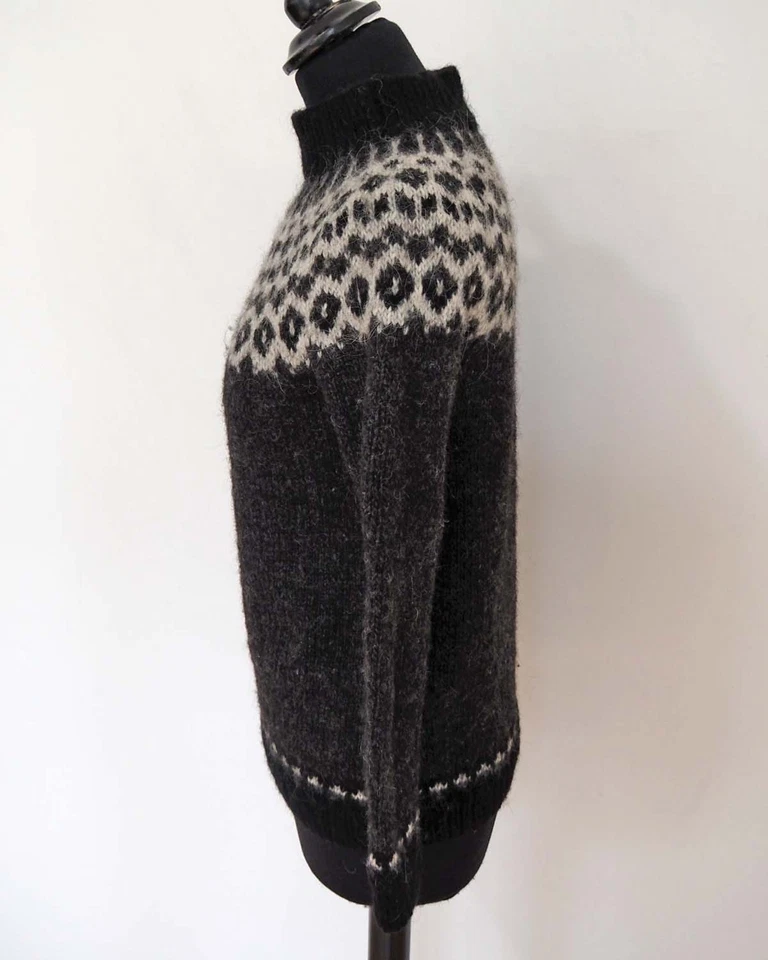 Damen Strickpullover Gr. XS Anthrazit Weiß Wolle Nordic Fair Isle Muster Vintage - Bild 2 von 3