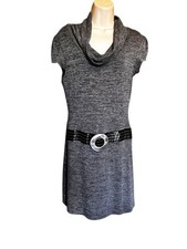 Taboo Gray Cowl Neck Knit Dress XL Faux Belt Cap Sleeves Tunic Casual Chic Y2K
