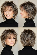 Short Bob Ash Brown Blonde Highlights with Bangs 100 Human Hair Lace Front Wigs