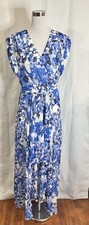 Eliza J Women Size 12 Belted Ruffle High/Low Maxi Dress V-Neck Blue White Floral