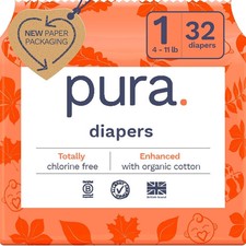 Pura Size 1 Eco-Friendly Diapers 4-11Lbs Hypoallergenic, Soft Organic Cotton C