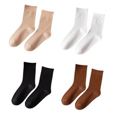 5 Pairs Women Girl Solid Cotton Stretch Mid Calf Socks Summer Soft School Socks