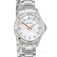 BULOVA Womens Pave Crystals Dress Watch, White  Rose Gold MOP Dial, Silver Band