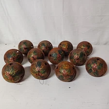 Lot Of 12 Rustic Metal Bells Christmas Ornaments Primitive Country Painted Holly