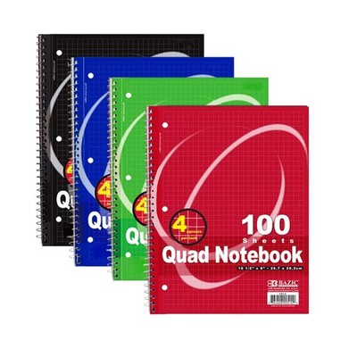 BAZIC Products 100 Count Quad-Ruled 4-1in Spiral Notebook, for School Notes O...